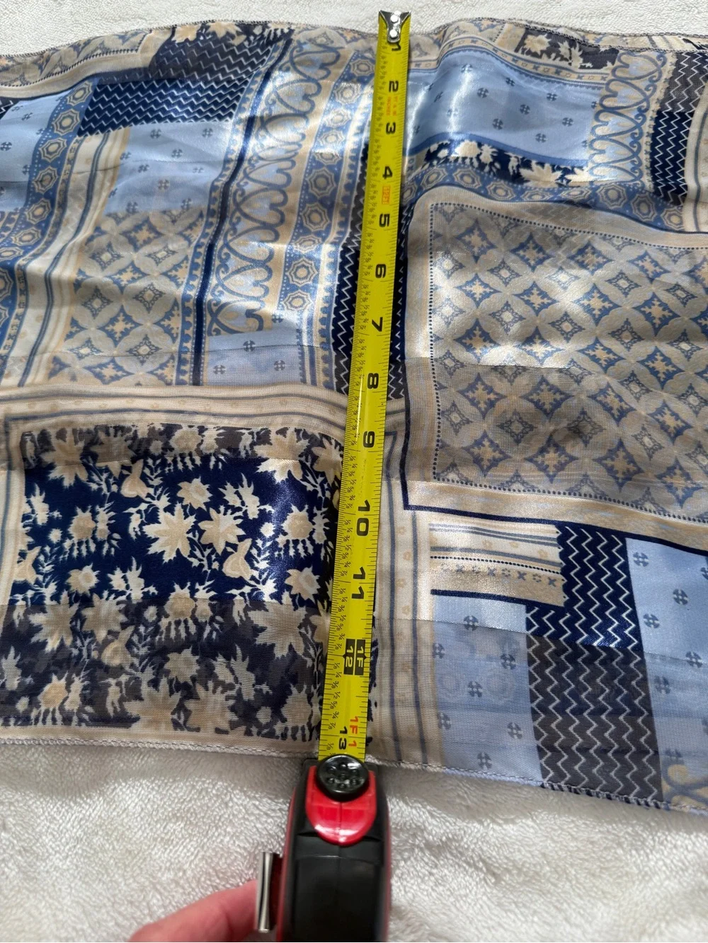 Vintage Silk Feel Patchwork Geometric Scarf Blue Multi Sheer Oblong